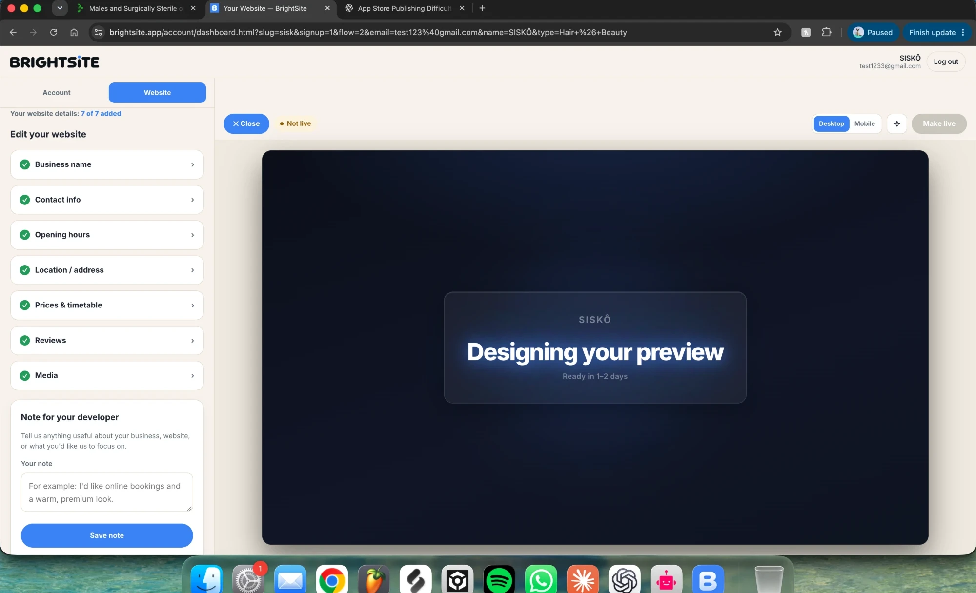 BrightSite dashboard showing all details complete